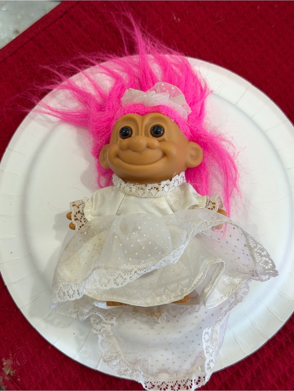 Russ Pink Hair Troll Doll in White Lace Wedding Dress 4”